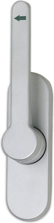 Strenger Türtreibriegel aufliegend Pfeil, rund, links, Hub 25 mm, silber eloxiert
