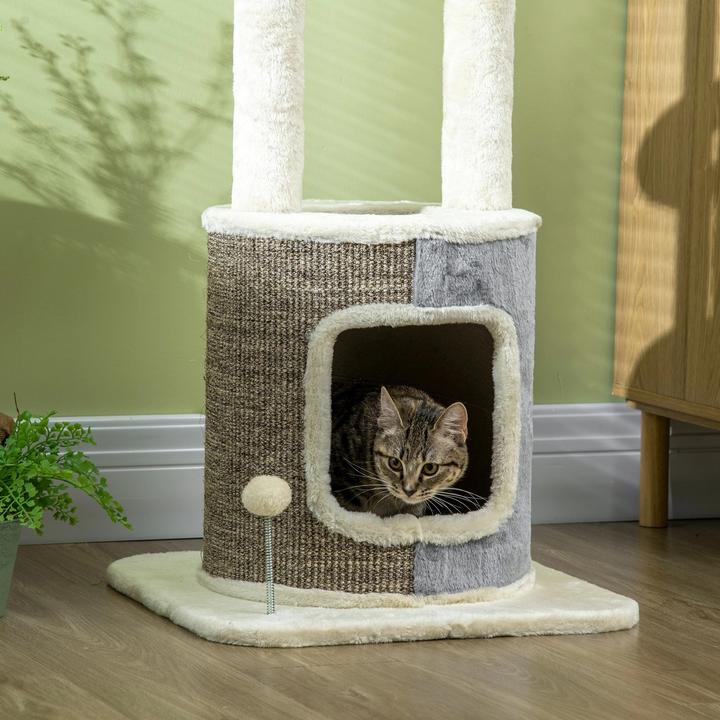 Actual product image PawHut Scratching post with cat cave, two platforms, plush cover, cream white, 48x48x110cm (110 cm, Cream white)