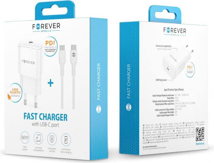 Immagine prodotto Forever Caricabatterie TC-01 PD QC 1x USB-C 20W bianco + cavo USB-C - USB-C 20W (20 W)