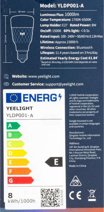 Label énergétique Yeelight Lampe intelligente (E27, 8 W, 1000 lm, 1 x, E)