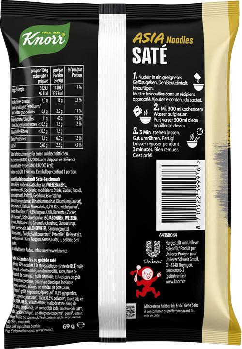 Produktbild Knorr Asia Noodles Saté Beutel, Asiatisch Instant Nudeln Snack, in nur 3 Minuten zubereitet (69 g)