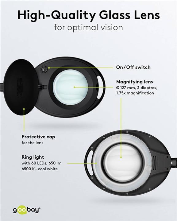 Image du produit Goobay Lampe loupe à pince à LED, 8 W, noire (650 lm)
