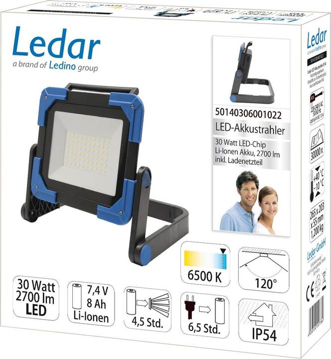 Productafbeelding Ledino Ledar LED oplaadbare spot 30W mobiele verlichting 3000lm, Li-ion batterij 7,4V/8Ah voor bouw (2700 lm)