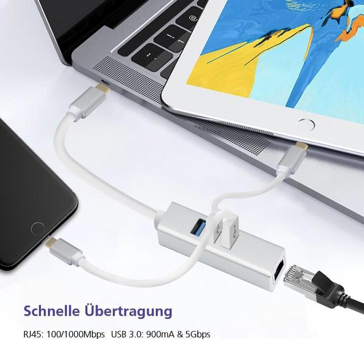 Produktbild Helos HUB, USB 3.1 Type-C™St./3x USB + RJ45 Gigabit Ethernet, PREMIUM 4K, silber USB Type-C™ HUB mit USB (USB-C, 4 Ports)
