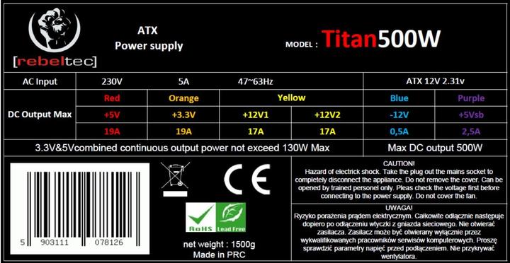 Produktbild Rebeltec Universal computer power supply ATX ver. 2.31 TITAN 500 (500 W)