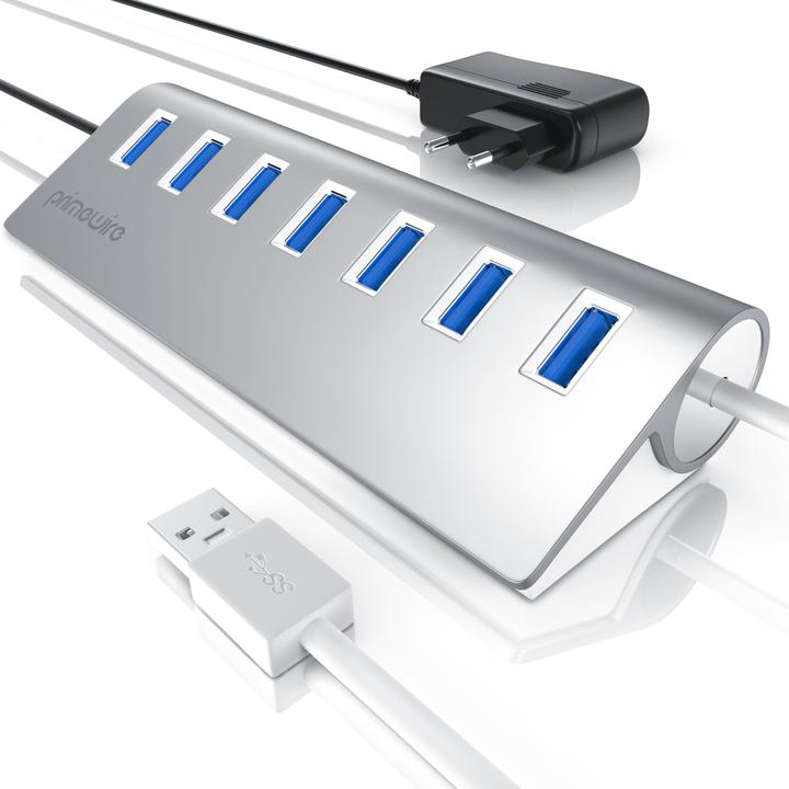 Produktbild Primewire 7 Port USB 3.2 Hub mit Netzteil,USB Hub gebürstetes Aluminium-Gehäuse (USB-A, 7 Ports)