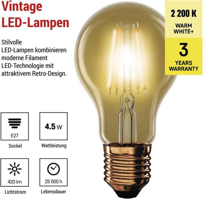 Immagine prodotto Emos Lampada LED vintage A60 / E27 / 4,5 W (40 W) / 420 lm / Bianco caldo (E27, 4.50 W, 420 lm, 1 x, F)
