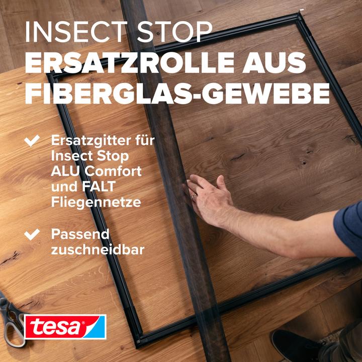 Produktbild tesa Insektenschutz Alu COMFORT Ersatzrolle aus Fiberglas-Gewebe, für Fenster & Türen, ohne Bohren (120 x 250 cm)