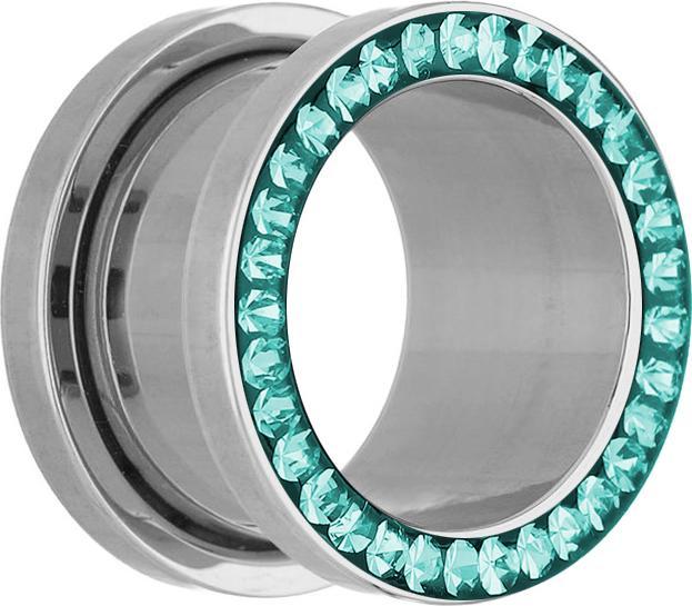 Star Piercing Flesh Tunnel silber mit Kristall türkis und Epoxy Schutzschicht (ohne Messing, Chirurgenstahl 316L)