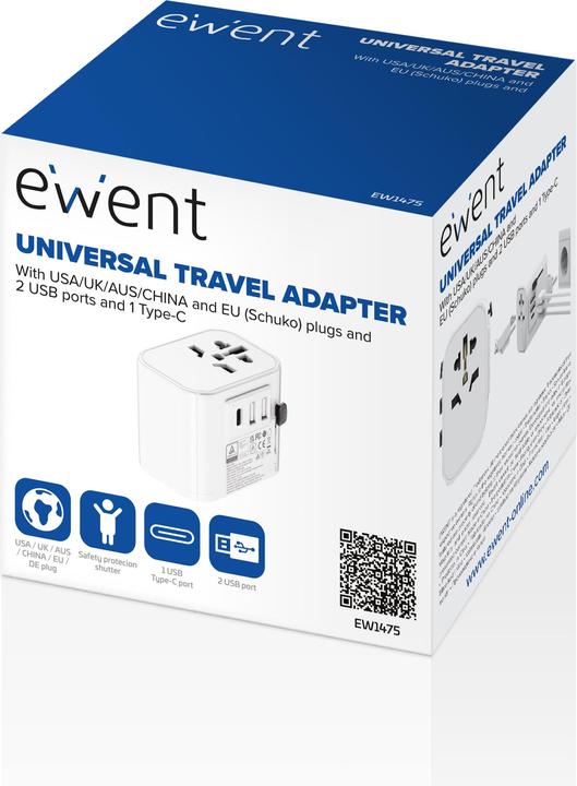 Image du produit Ewent Adaptador De Viaje 2 Puertos USB Y Tipo-C Usa/Uk/Aus/China