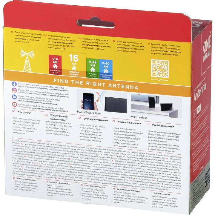 Produktbild One for All DVB-T2 Alu EDGE Antenne 5G (Flachantenne, 42 dB, DVB-T / -T2)