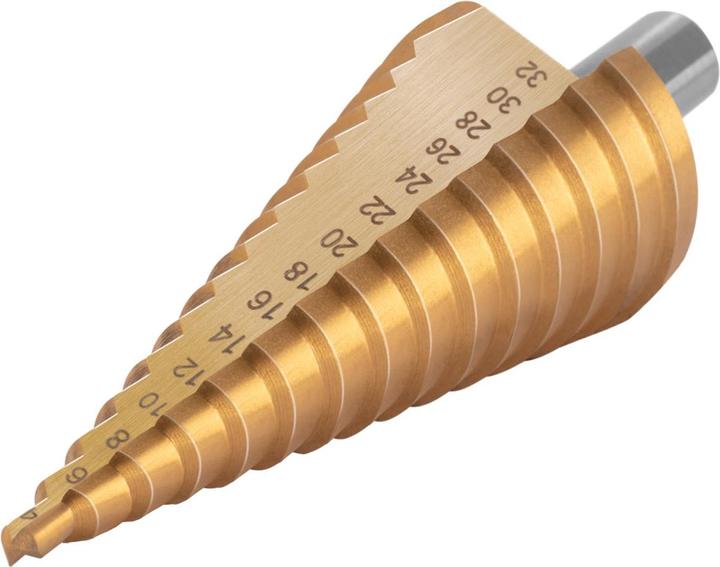 Actual product image Stahlwerk HSS step drill bit set of 3 TiN-coated drill bits with aluminium box (4-12mm, 4-20mm, Ø 4-32mm)