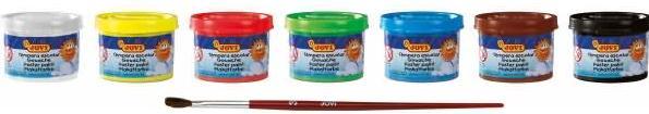 Produktbild Jovi Plakatfarbe Tempera Schuleset VE=7 Farben a 35ml + Pinsel (Gelb, Braun, Weiss, Schwarz, Rot, Blau, Grün, 245 ml)