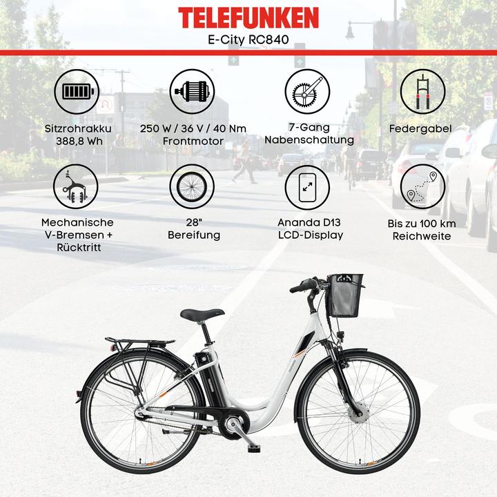 Actual product image Telefunken Multitalent RC840, City E-Bike, Motor power 250 W, Wheel size 28 ", Warranty 24 month(s), White (48 cm)