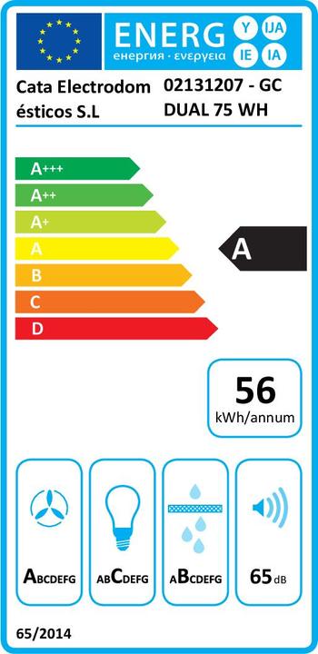 Energie-Label Cata Hood GC DUAL A 75 XGWH Canopy, Energy efficiency class A, Plotis 79.2 cm, 820 m³/h, Touch contr (Unterbauhaube)