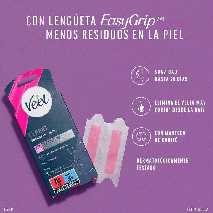 Actual product image Veet Expert Wax Strips for Facial Hair Removal with Shea Butter 16 Strips (16 x)