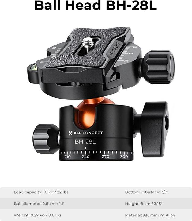 Actual product image K&F Concept T255A3+BH-28L Magnesium Aluminum Alloy Tripod (Metal)