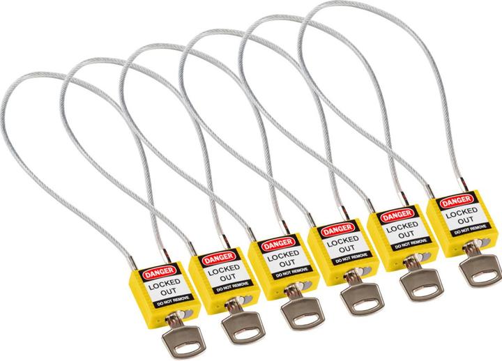 Brady Compact nylon veiligheidsslot met kabelhaak, geel, 400 mm kabellengte, 4,7 mm met PVC-coating