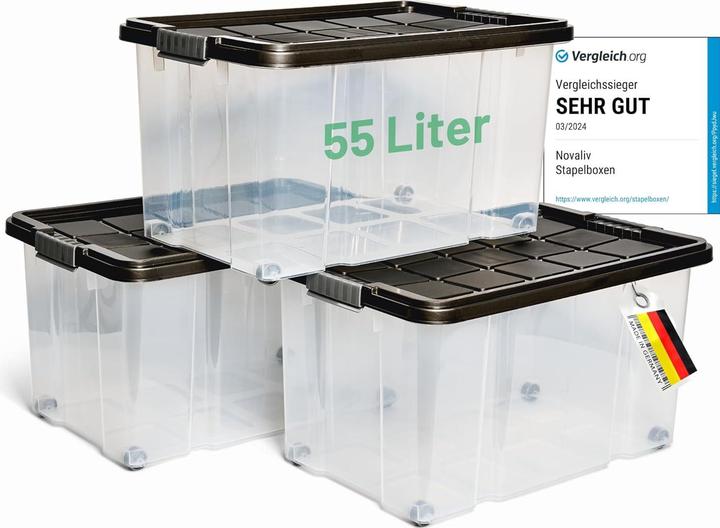Image du produit Novaliv 3x Aufbewahrungsboxen mit Deckel Gross 55L Anthrazit Nestbar stapelbar mit Clipverschluss Rol (55 l)