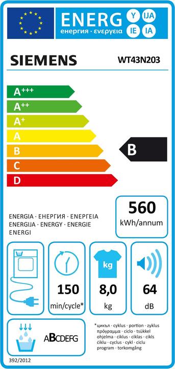 Energy Label Siemens WT43N203 (8 kg, Right)