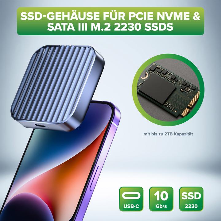 Productafbeelding InLine Clip Case - Magnetische USB-C behuizing voor SATA III & NVMe M.2 2230 SSD's (M.2 2230)