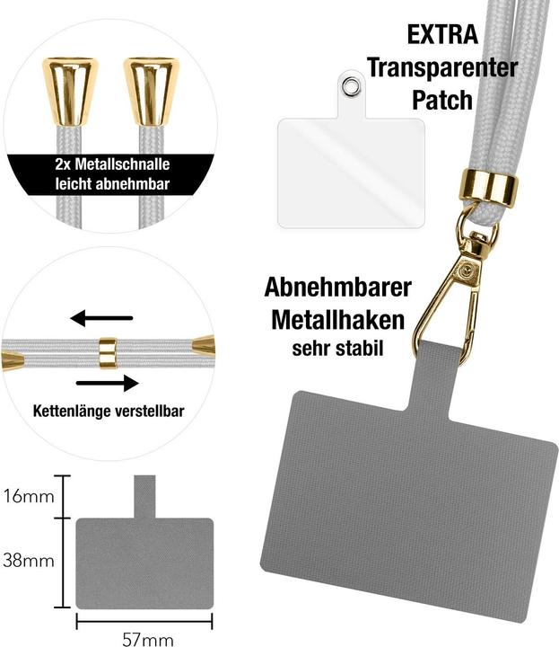 Produktbild Nalia Handyband + Pad für Hülle zum Umhängen, Karabinerhaken Anhänger aus Metall (gold)