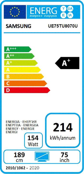 Energy Label Samsung UE75TU8070 (75", LCD, 4K, 2020)