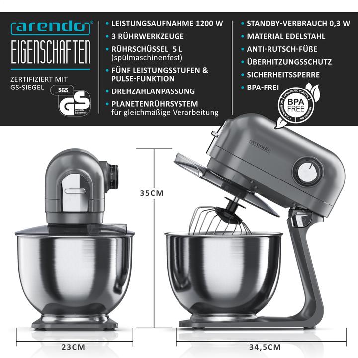 Actual product image Arendo Food processor, mixer with 5 litre stainless steel bowl incl. 3 mixing tools, mixer with 1200 W (1200 W)