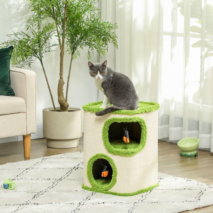 Produktbild Swisshandel24 Kratztonne, 52 cm hoch Katzentonne mit 2 Höhle, Kratzbaum für Katze bis 5 kg (52 cm, Grün+Cremeweiss)