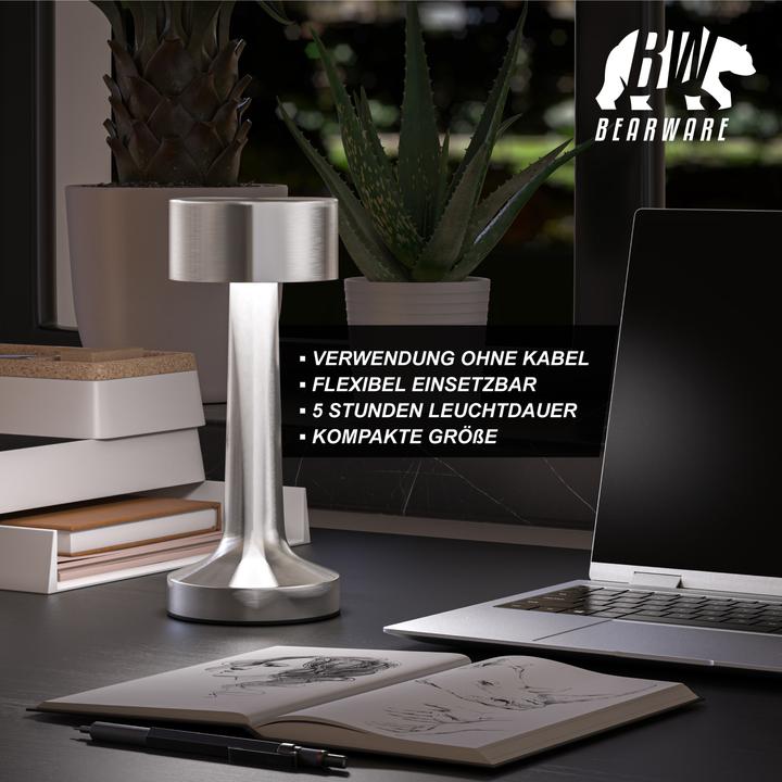 Actual product image Bearware LED Tischleuchte, dimmbar, kabellos, Akku, Touch, Nachttischlampe, Schreibtischlampe, Edelstahl