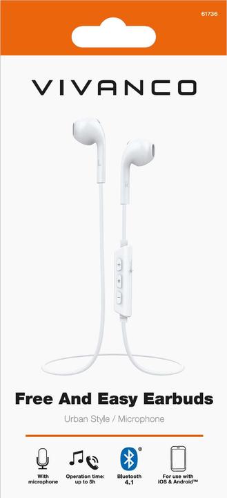 Produktbild Vivanco Free And Easy Headset In-ear Calls/Music Bluetooth White (5 h, Kabellos)