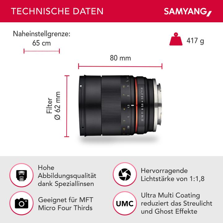 Produktbild Samyang 85mm f/1.8-22 MFT (Micro Four Thirds, APS-C / DX)