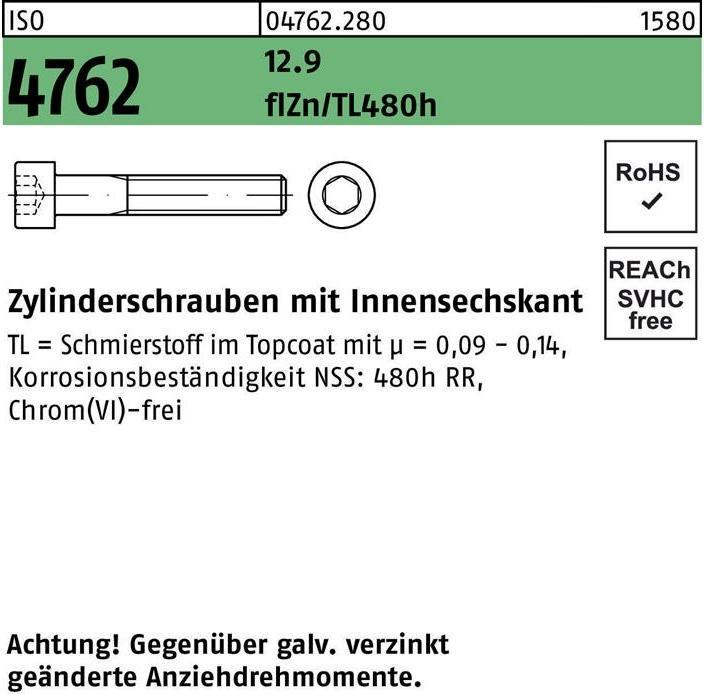Actual product image Cheese head screw ISO 4762 with hexagon socket M 8 x 20 12.9 zinc coated lubricant flZnnc 480h-L (200 Screws per piece)