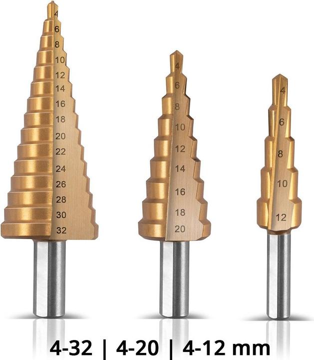 Actual product image Stahlwerk HSS step drill bit set of 3 TiN-coated drill bits with aluminium box (4-12mm, 4-20mm, Ø 4-32mm)
