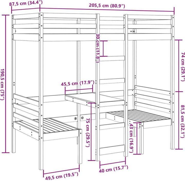Produktbild VidaXL Hochbett mit Schreibtisch & Stühlen (80 x 200 cm)
