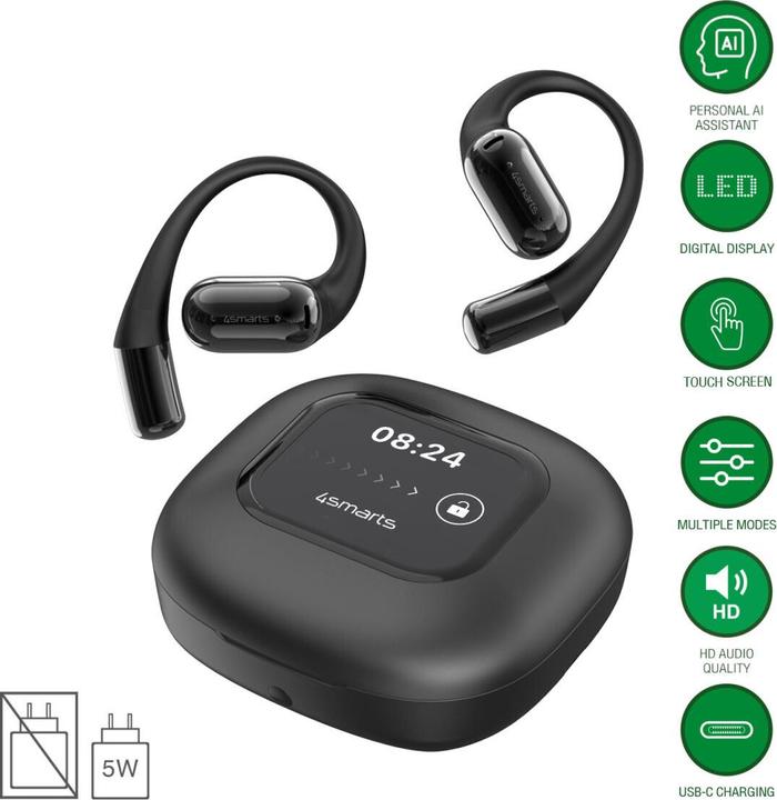 Produktbild 4smarts Open-Ear Bluetooth Kopfhörer SkyBuds AI Screen, Schwarz (28 h, Kabellos)