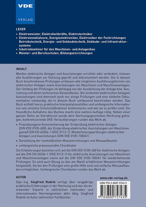 Produktbild Prüfung elektrischer Anlagen und Ausrüstungen (Deutsch, Siegfried Rudnik, 2022)