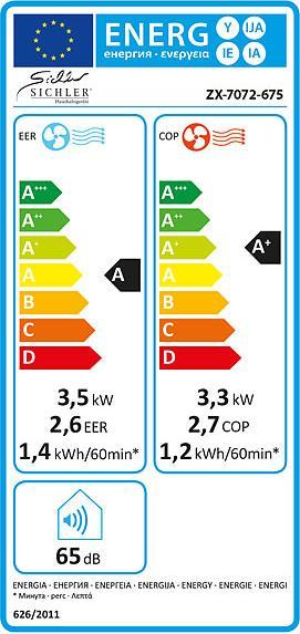 Etichetta energetica Sichler Condizionatore d'aria mobile con funzione di riscaldamento, 12.000 BTU/h, 3.500 Watt (55 m², 11942.50 BTU/h)