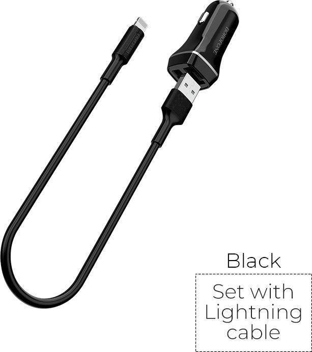 Produktbild Borofone Autoladegerät BZ2 mit 2 USB-Anschlüssen + Lightning (2,4A) schwarz (1 m, 12 W)