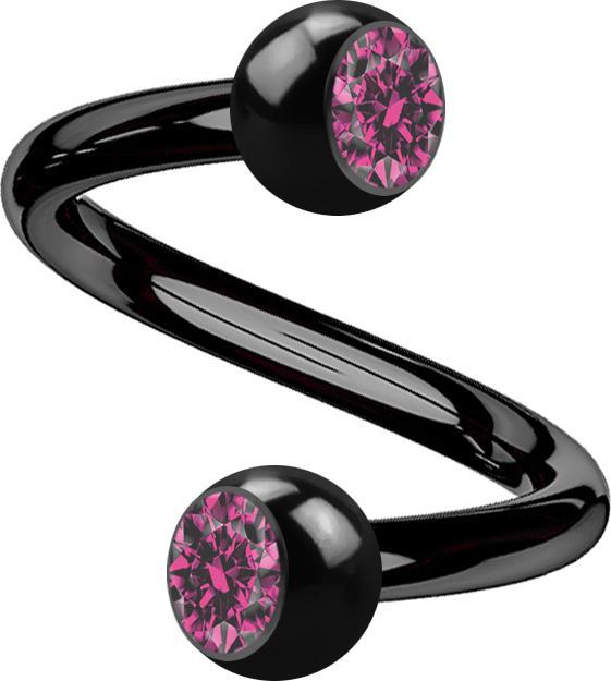 Star Piercing Micro Spirale schwarz mit zwei Kugeln Kristall pink (Titan G23, ohne Messing)