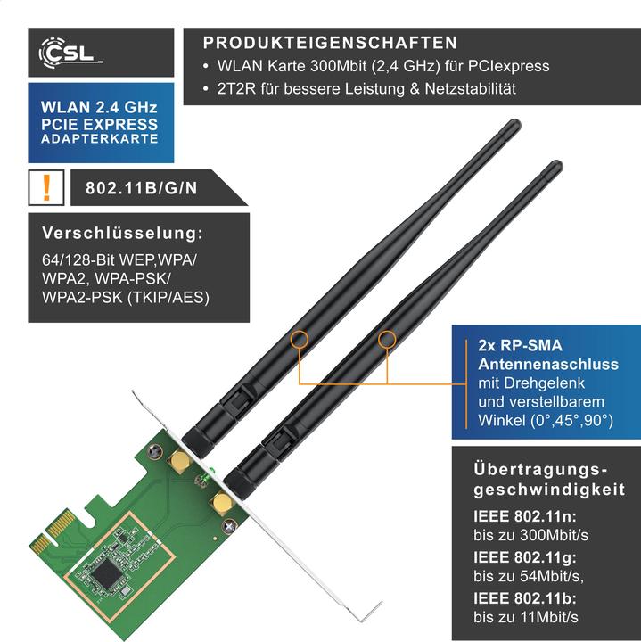 Produktbild CSL 300 Mbit s PCIe Netzwerkkarte WLAN 2,4 GHz - empfangsstarke 2T2R Hochleistungs Doppelantenne (PCI-E x1)