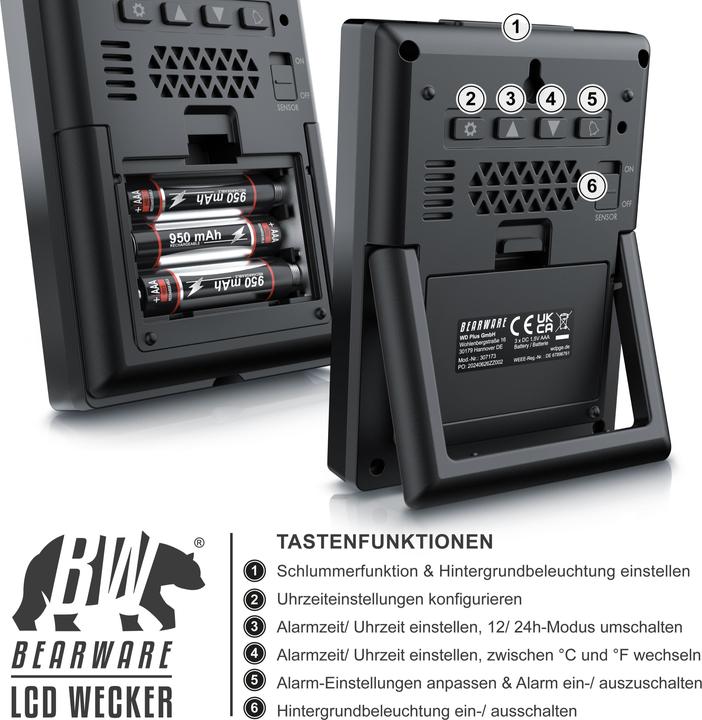 Produktbild Bearware Wecker digital, Reisewecker, Temperaturanzeige, Temperatur Luftfeuchte, 2 Alarme, Netzteil+Akku