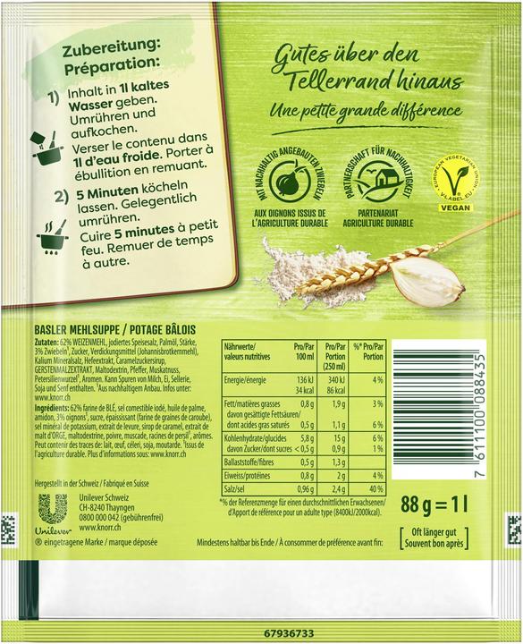 Nährwerte und Zutaten Knorr Basler Mehlsuppe Beutel, sämige Mehl Suppe wie das Original aus Basel, einfach zubereitet