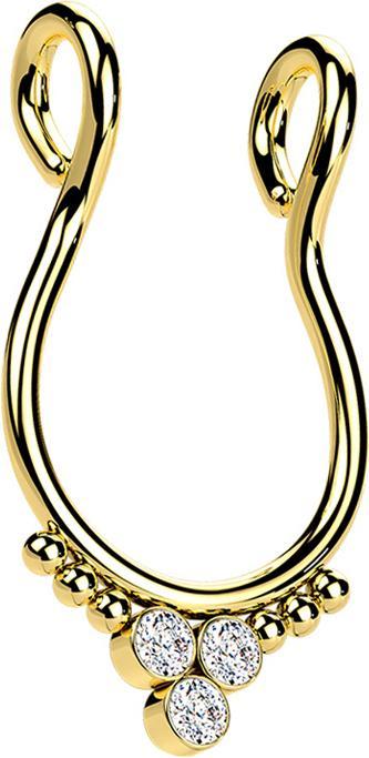 Star Piercing Fake Septum vergoldet sechs Kugeln drei Kristalle silber (Chirurgenstahl 316L mit Kristall)