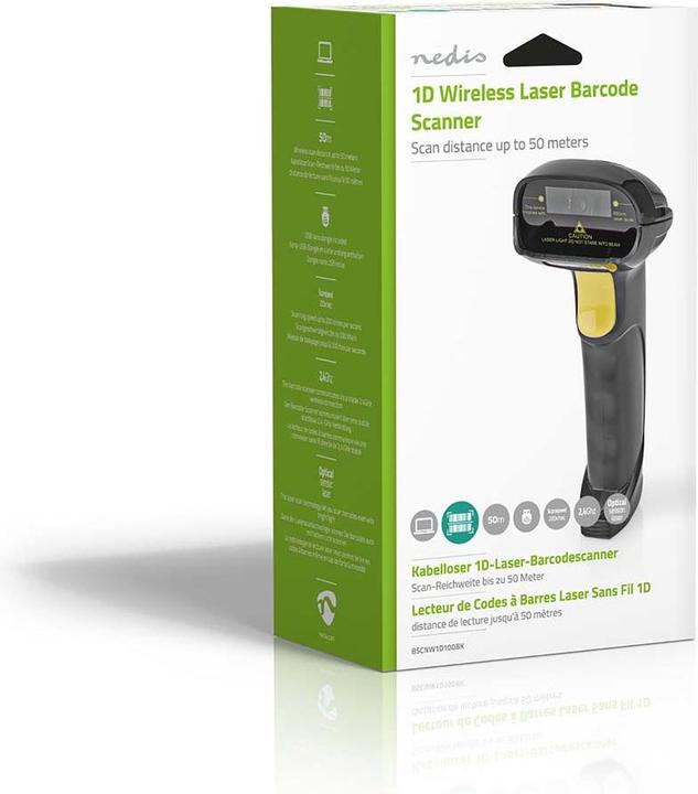 Produktbild Nedis Barcodescanner | Laser | Wireless | 1D Linear | Batteriebetrieben / Stromversorgung über USB | (1D-Barcodes)