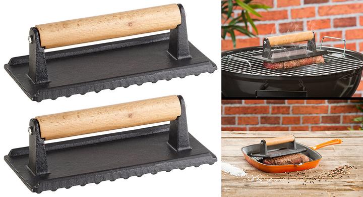 Produktbild Rosenstein & Söhne 2er-Set BBQ-Fleischbeschwerer & Burgerpressen, emailliertes Gusseisen