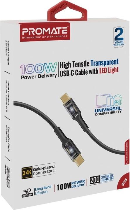 Actual product image ProMate LucidLine-CC200 Black USB-C cable (2 m, USB 2.0, 100 W)