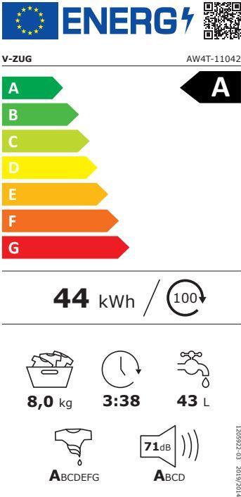 Energie-Label V-Zug AdoraWaschen V4000 (8 kg, Links, CH-Stecker)