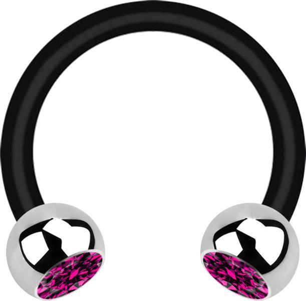 Produktbild Star Piercing Micro Circular Barbell schwarz mit zwei Kugeln silber Kristall fuchsia (Chirurgenstahl 316L, ohne Messing, Bioflex)