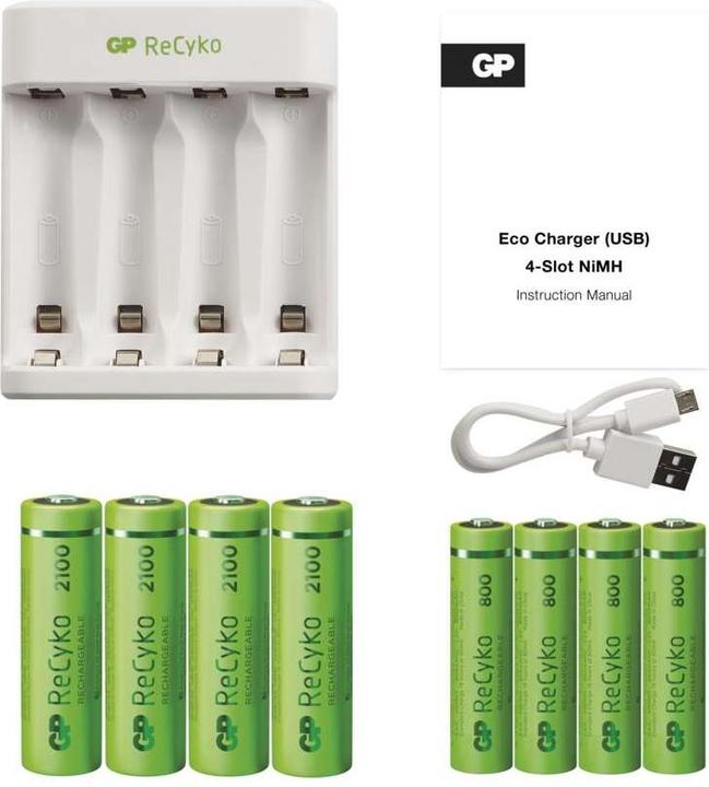 Actual product image GP Batteries ReCyko E111 4-Port USB Charger. + 4xAA 2100mAH + 4x AAA 800mAh (8 pcs., AAA, AA, 2100 mAh, Rechargeable battery)